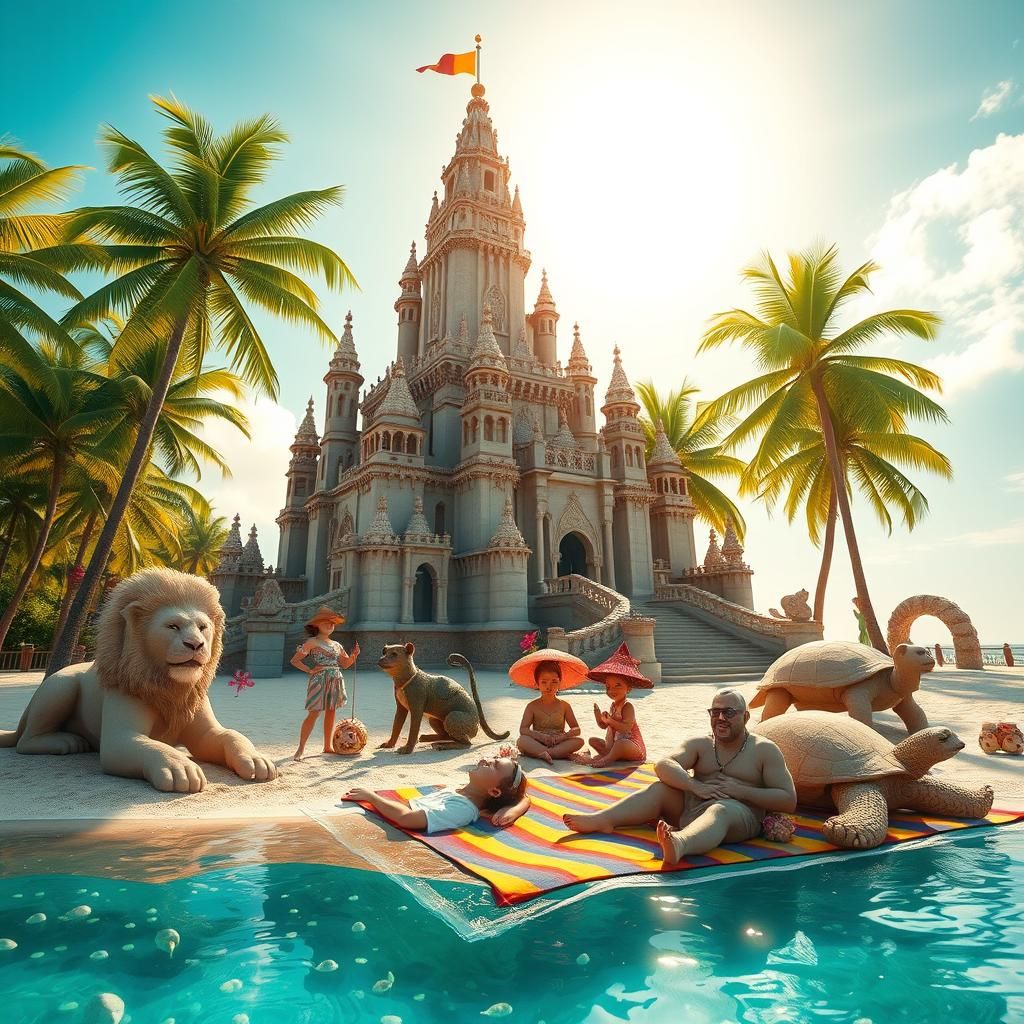 Majestic Sandcastle with Jungle Animals on Tropical Beach