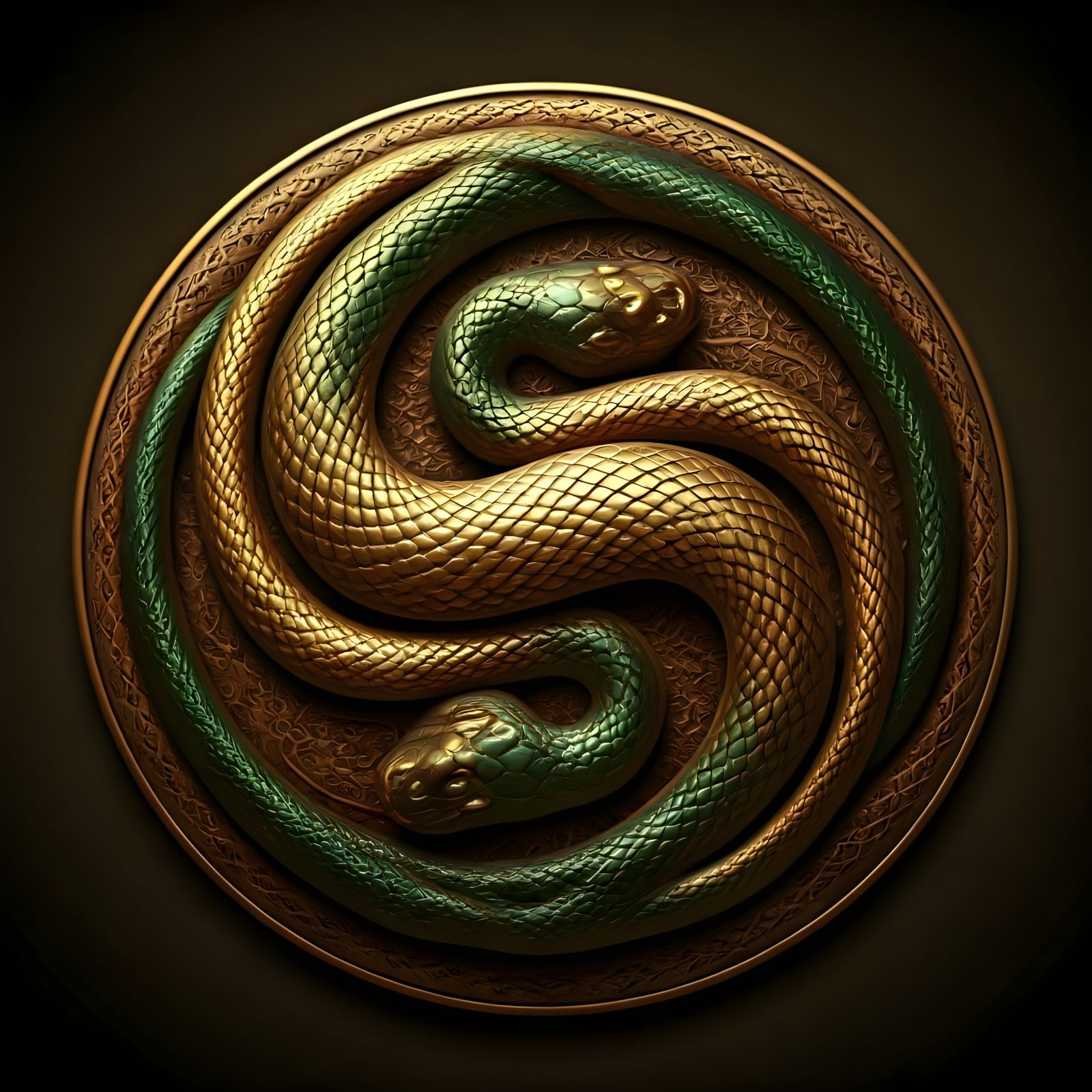 Golden Snakes Yin Yang Medallion, Hyperrealistic Art