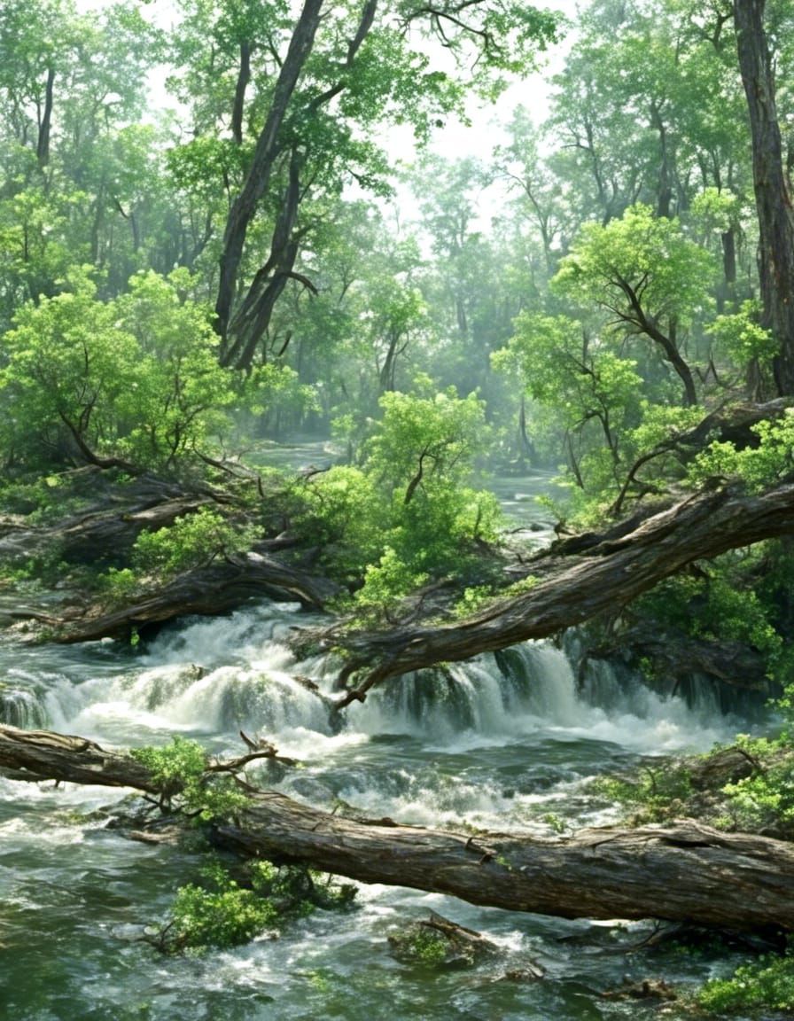 Lush Forest Stream with Fallen Tree