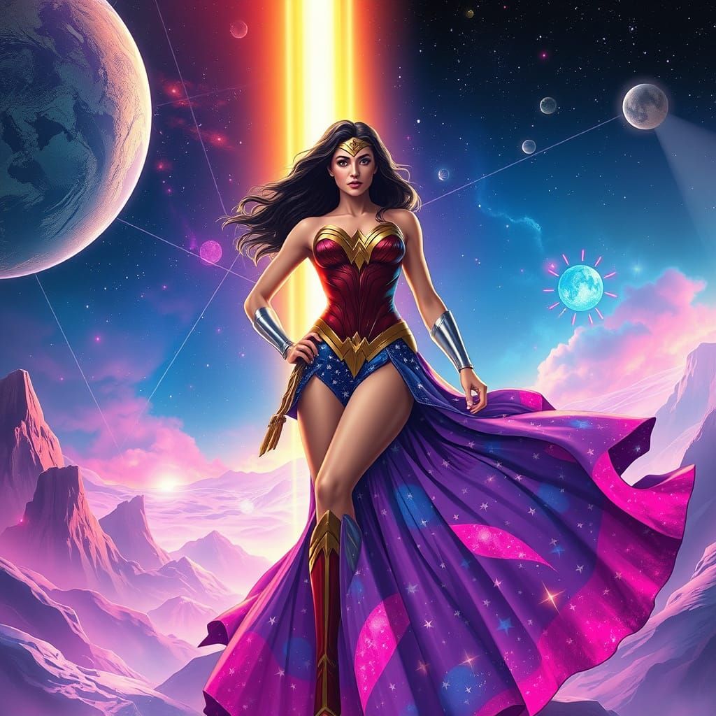Wonder Woman in Galaxy Gown Amidst Cosmic Landscape