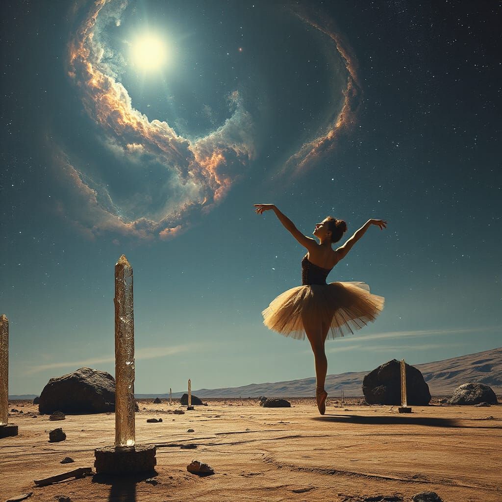 Ballerina Dances on Alien World Amidst Cosmic Nebulae