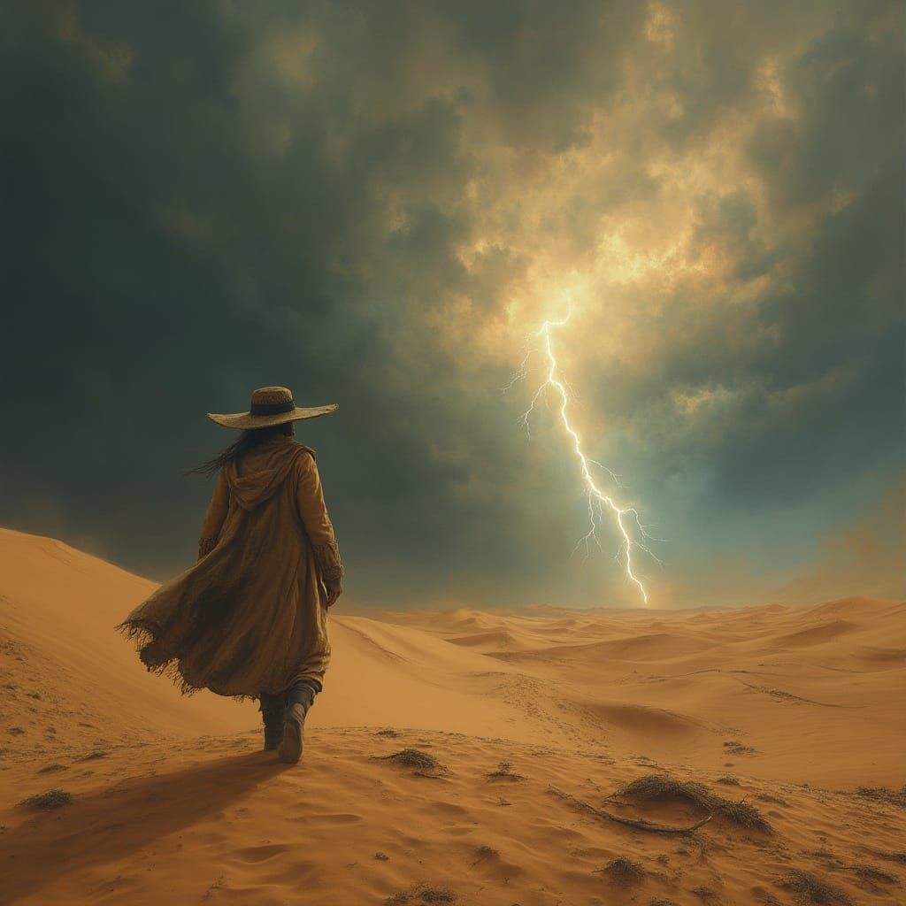 Stormy Desert Landscape in a Dramatic, Atmospheric Style