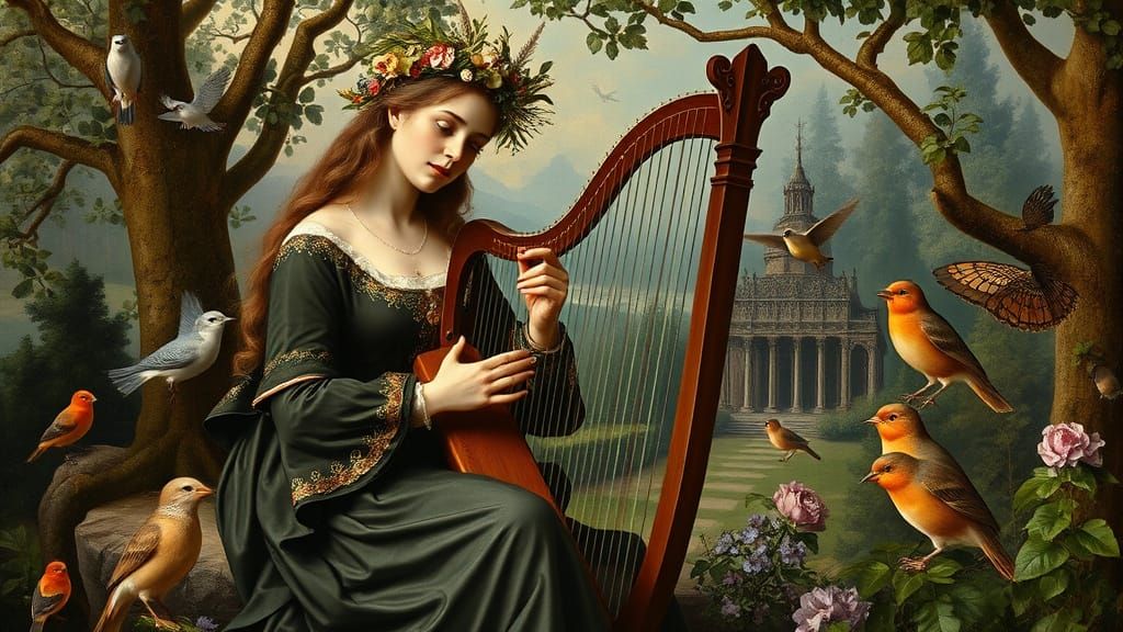 Lady Harpist in an Enchanted Garden, in the Manner of Hans H...