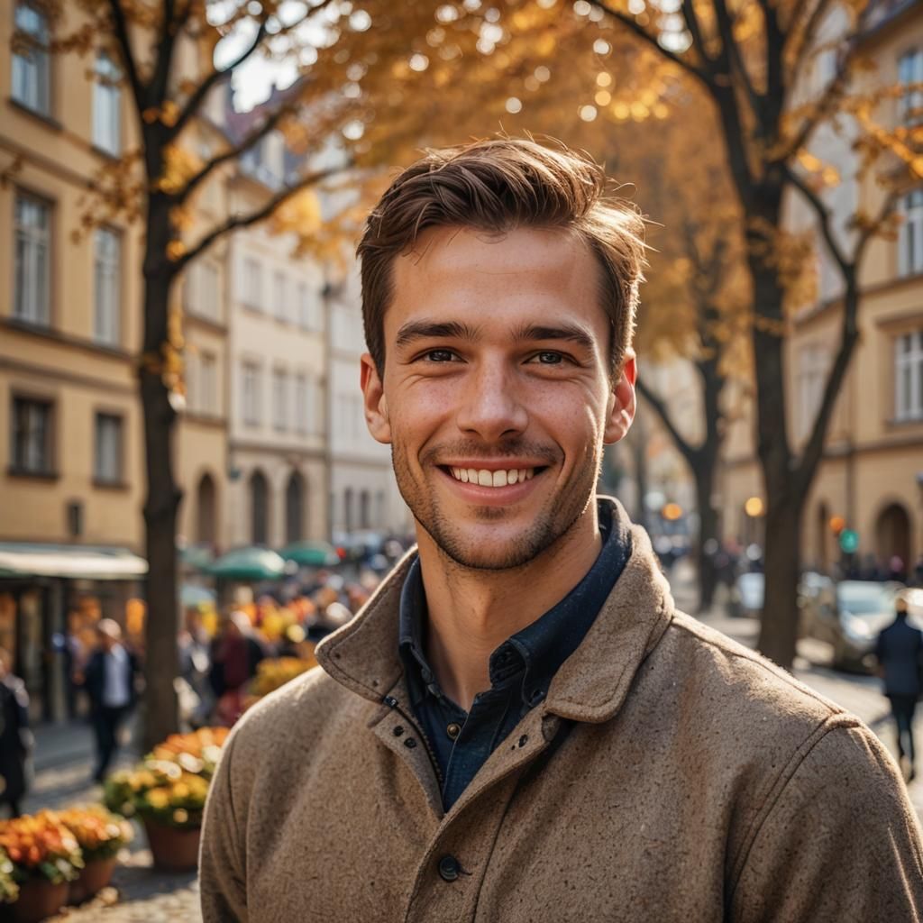Smiling Man Portrait in Prague: Golden Autumn Photography