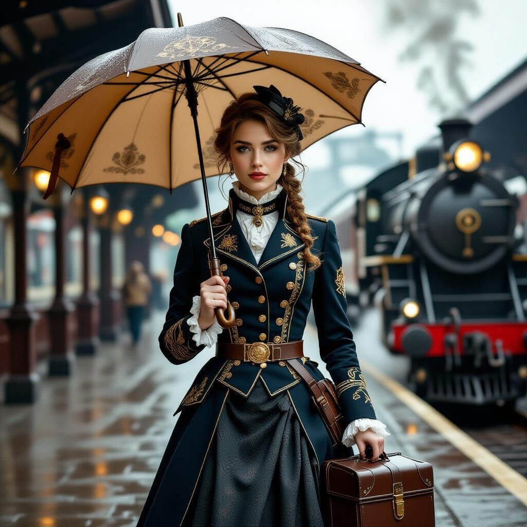 Victorian Hussar Woman with Umbrella at Steampunk Station