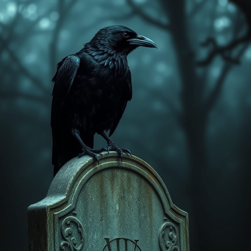 Eldritch Raven Perched on Tombstone