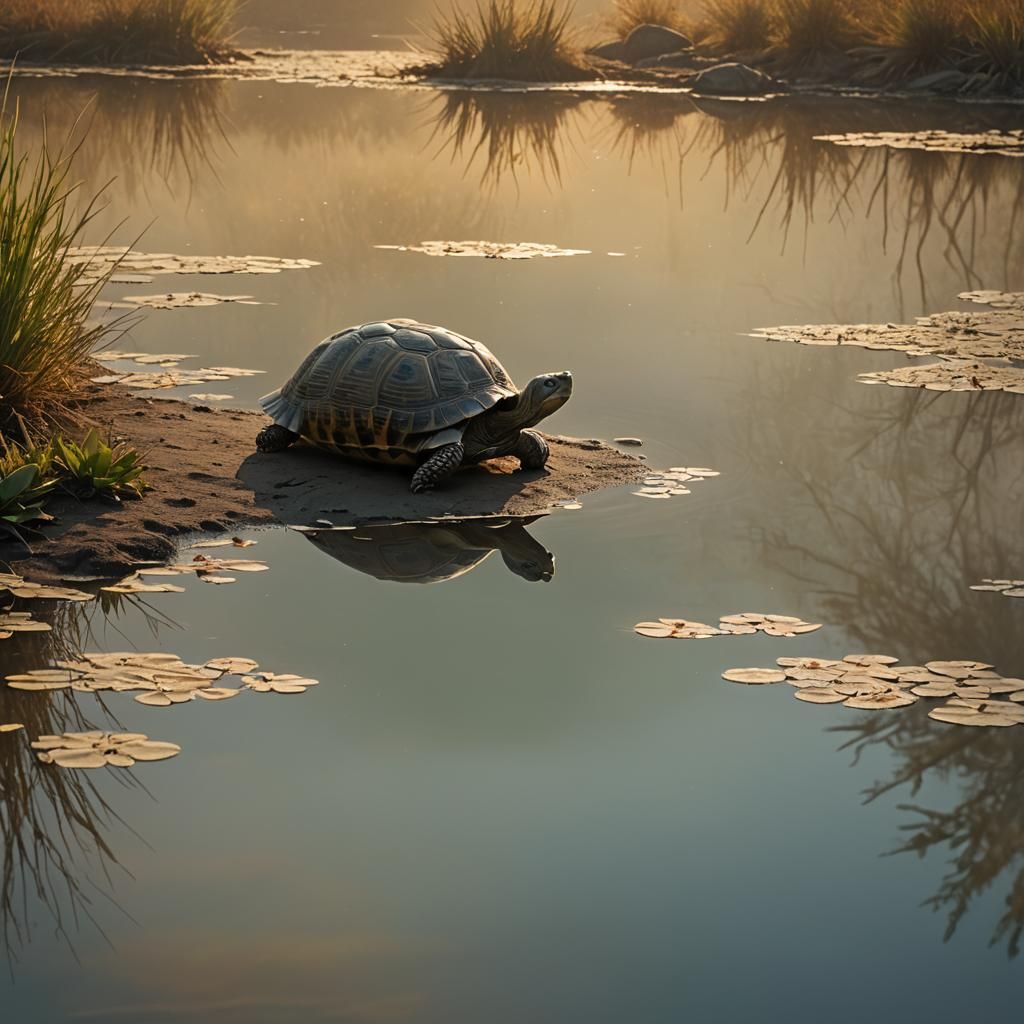 Tortoise Farewell in Dreamlike Sunset