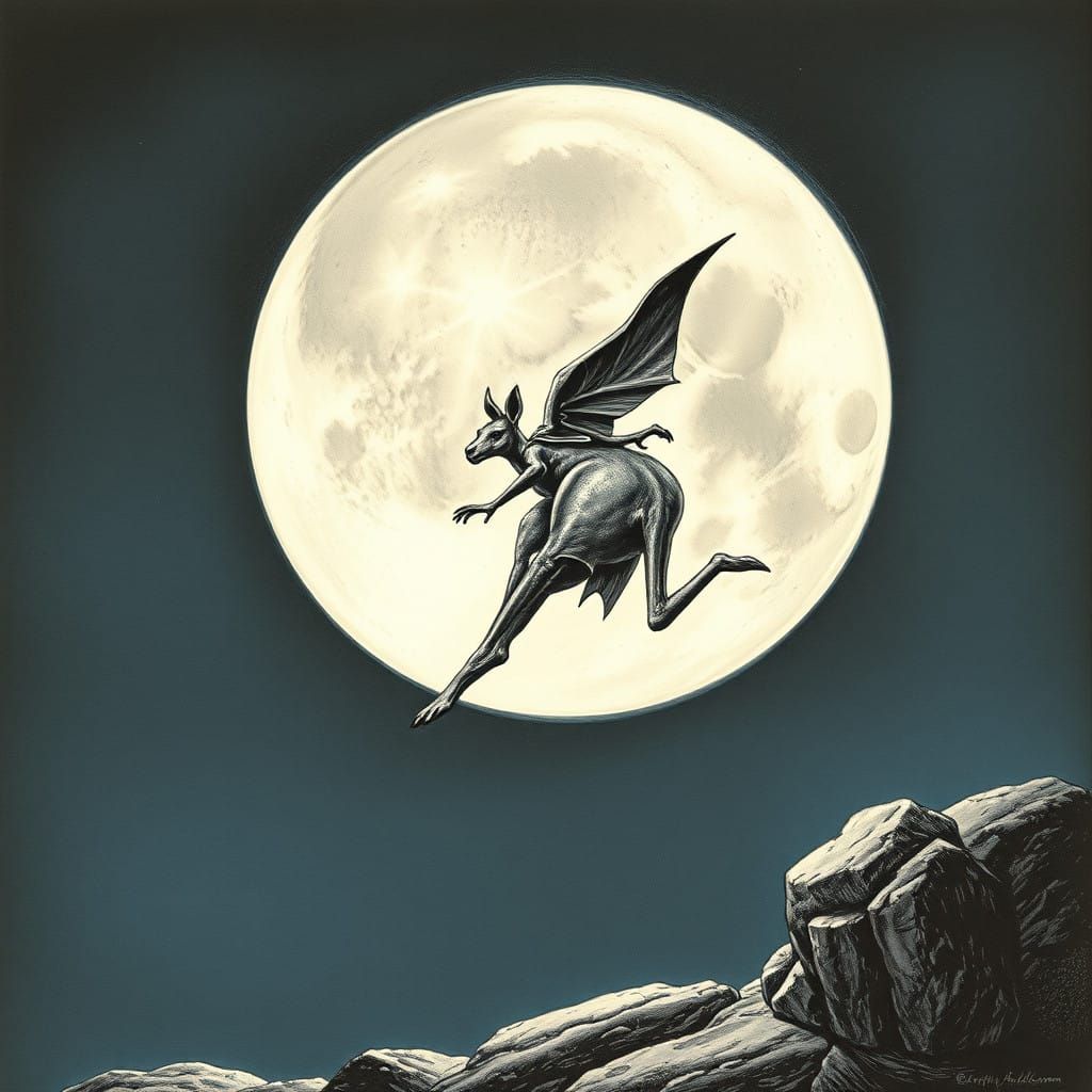 Superhero Kangaroo Flies Over Moon, Illustrated Style