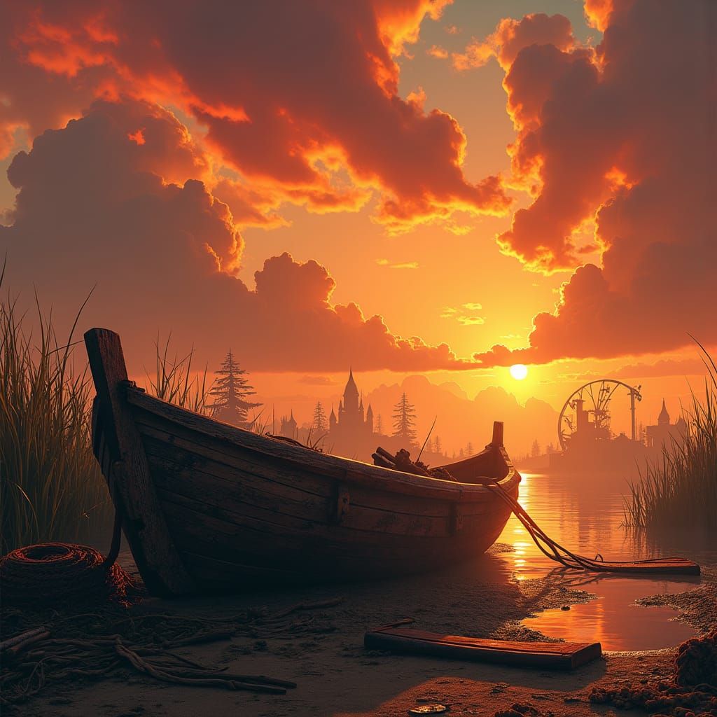 Sunset Over Misty Landscape With Abandoned Boat
