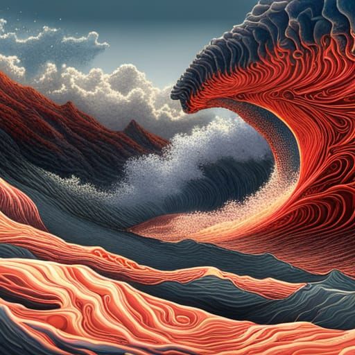 Surreal Lava Wave Surfing in Japanese Ink Style