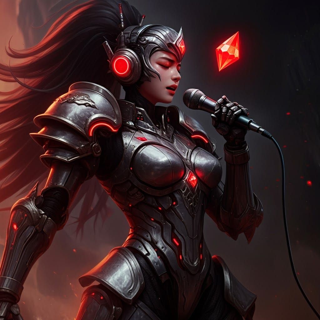 Female Bard Singing with Mecha Armor, Fantasy Art