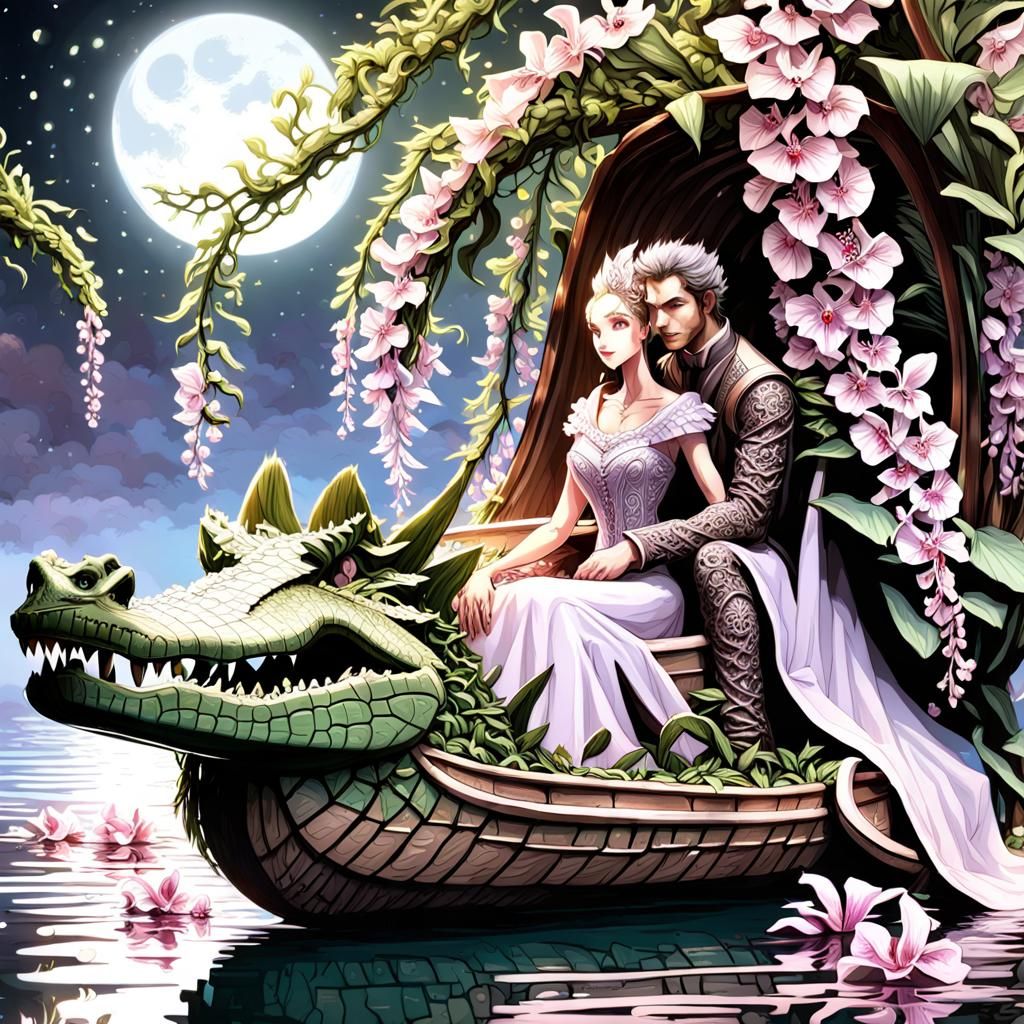 Elven Druids in Crocodile Boat, Photorealistic Art