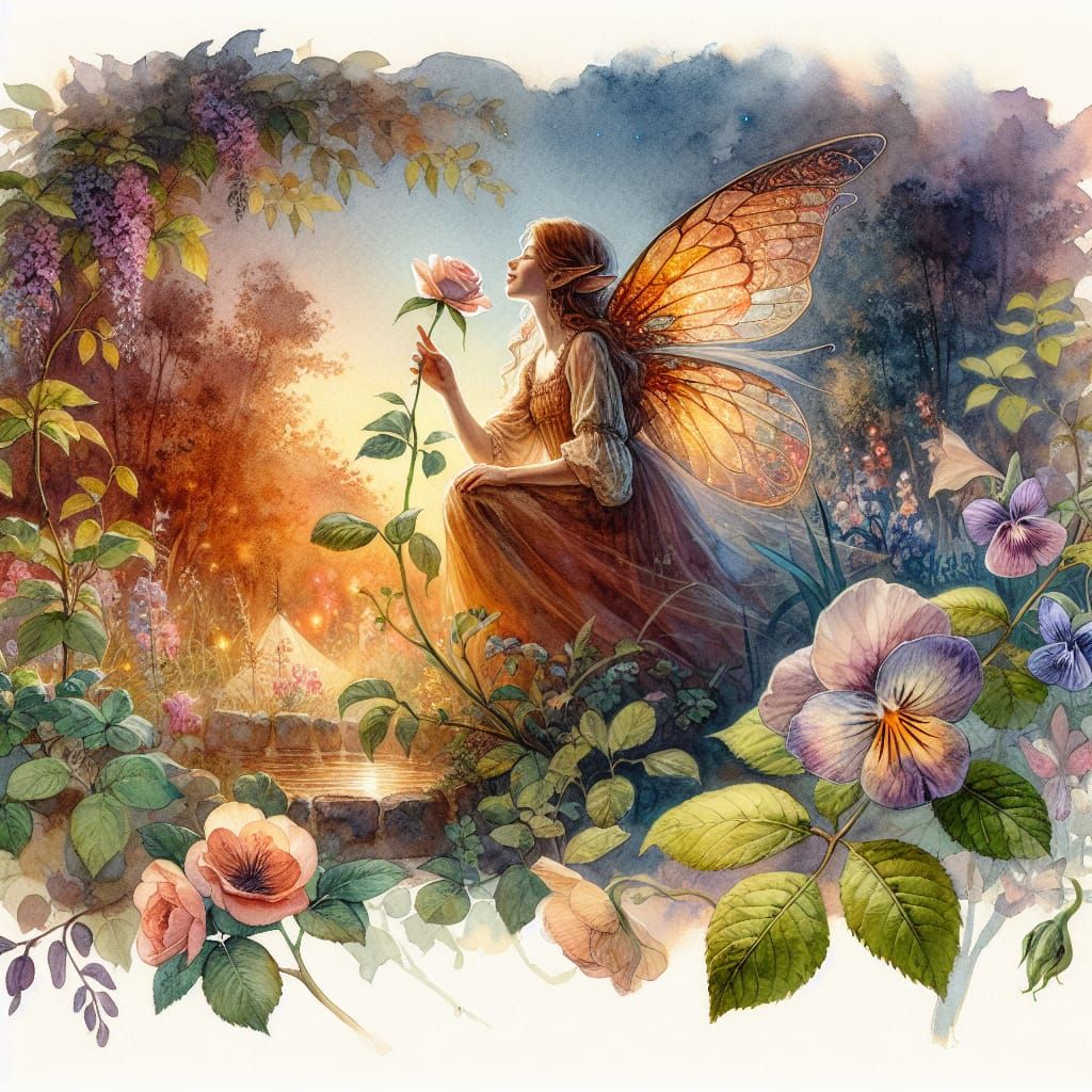 Fairy Smelling a Rose in Watercolor Garden