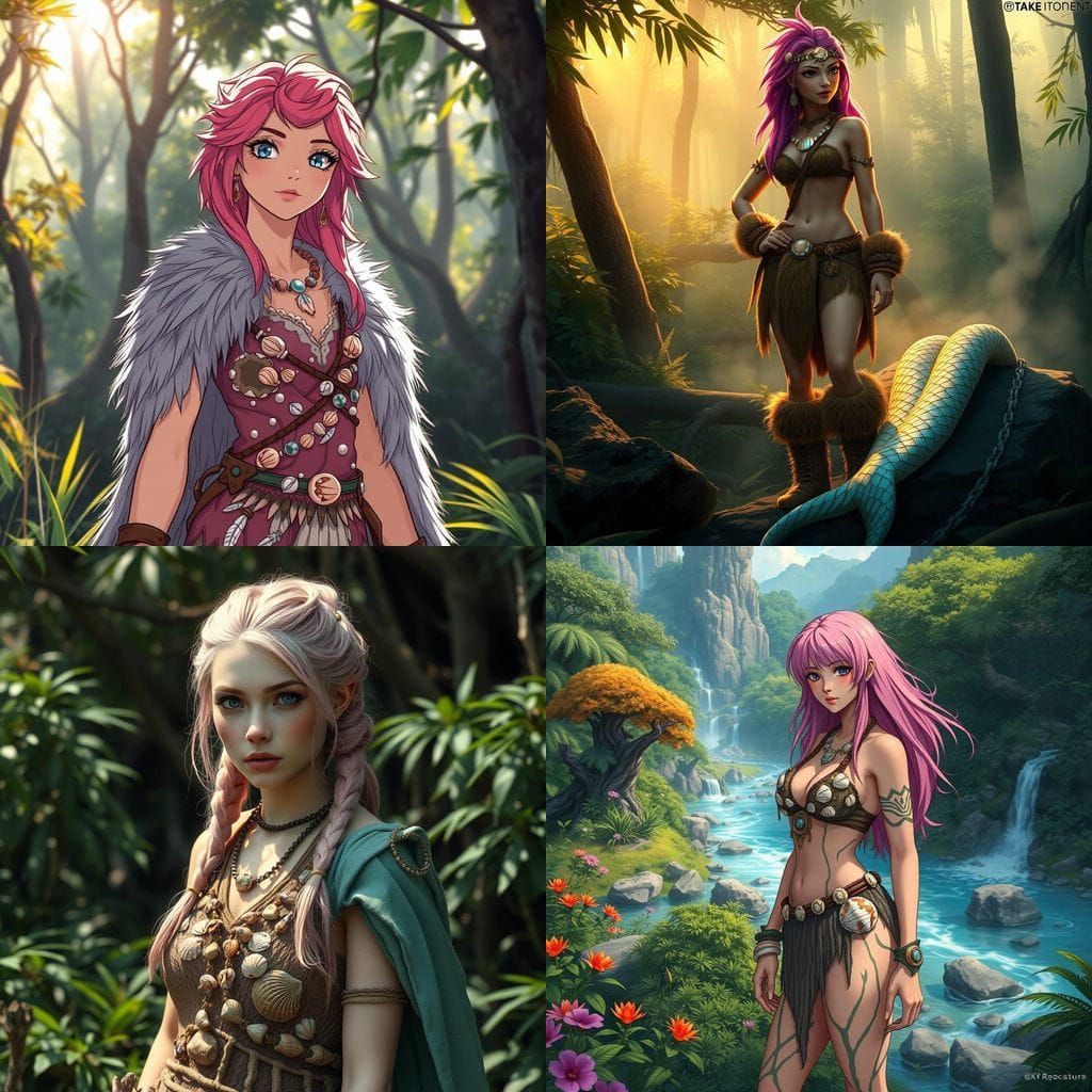 Wild Cave Woman with Pink Hair in Animal Skin Outfit