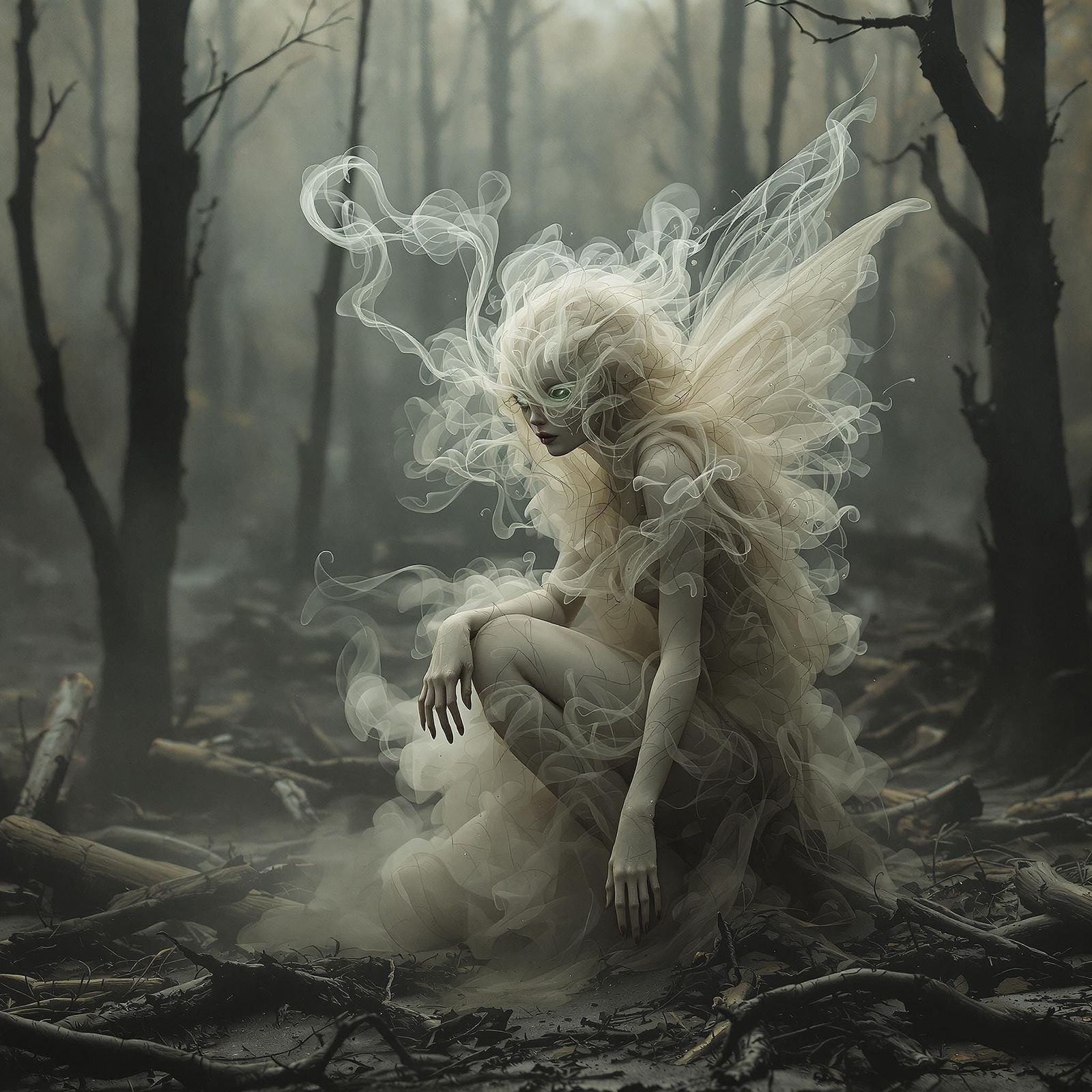 Ethereal Ash Fairy in Charred Forest, Surreal Style