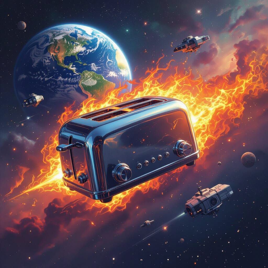 Vintage Toaster on Fire in Space with Earth and Nebula