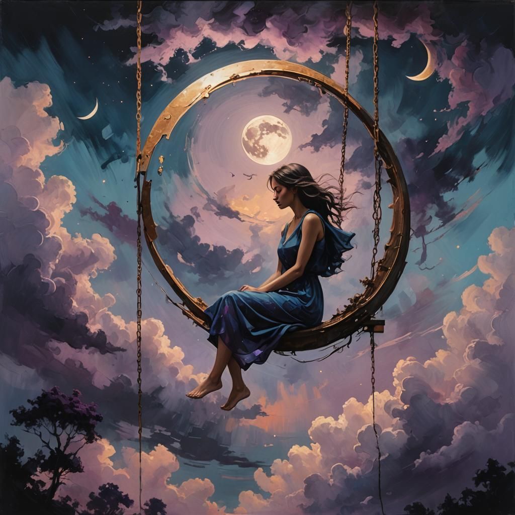 Girl on Crescent Moon Swing: Double Exposure Oil Painting