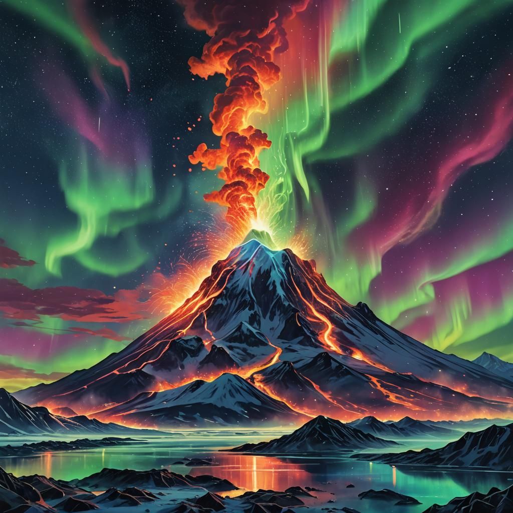 Volcano Eruption Under Aurora, Astral Cosmic Illustration