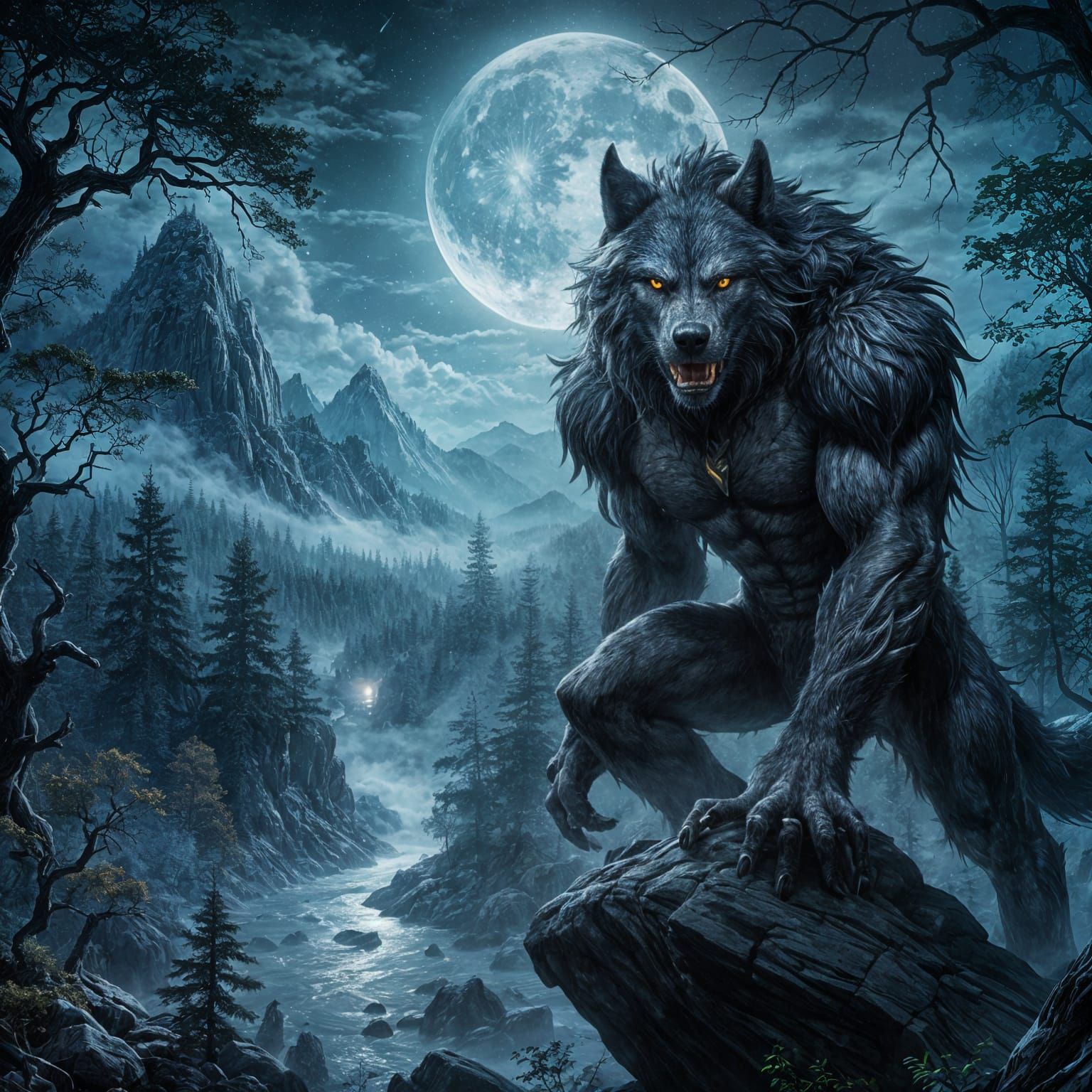 Werewolf in Misty Valley Under Moonlight