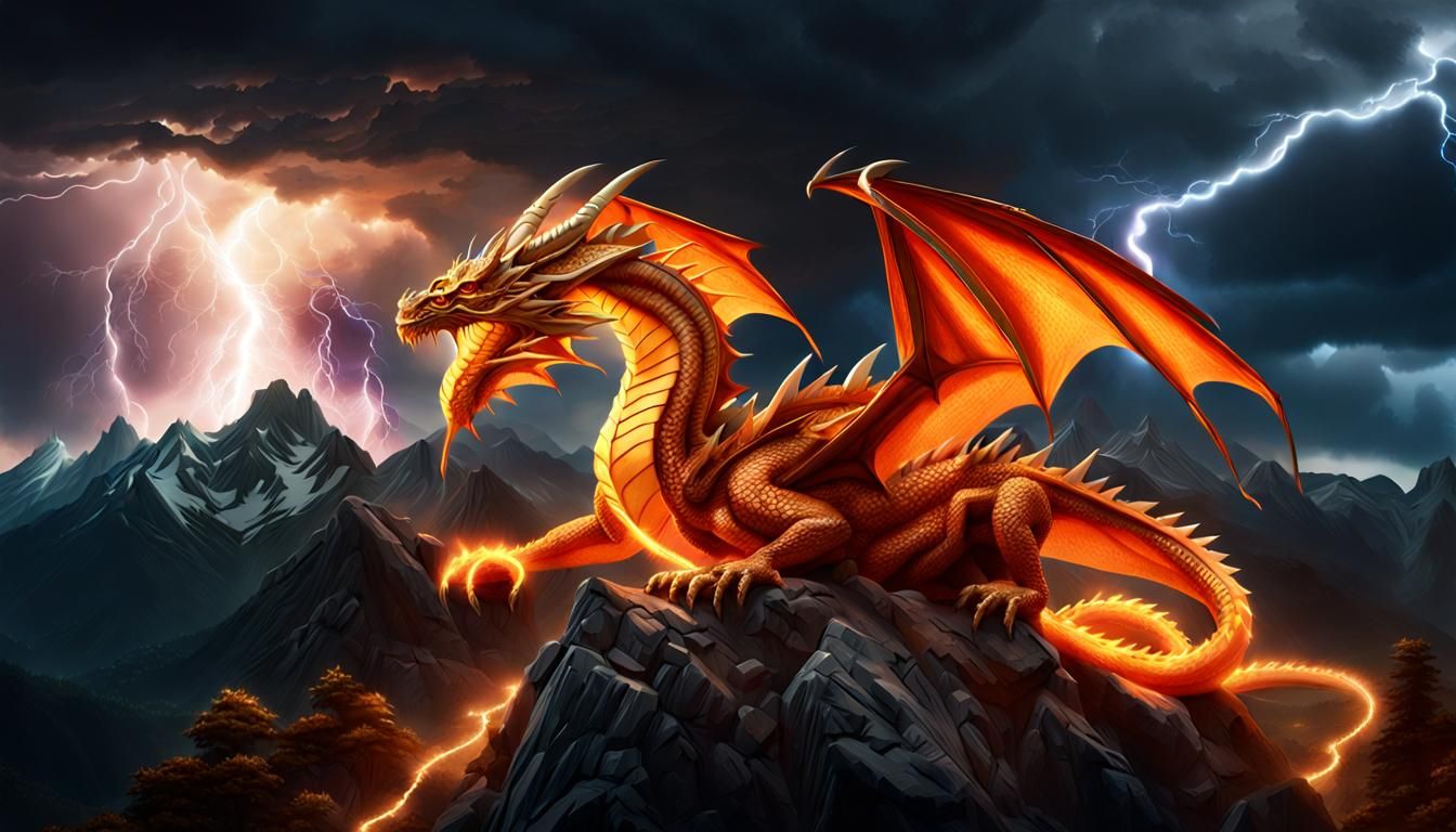 Orange Dragon on Mountain with Lightning in Hyperreal Style