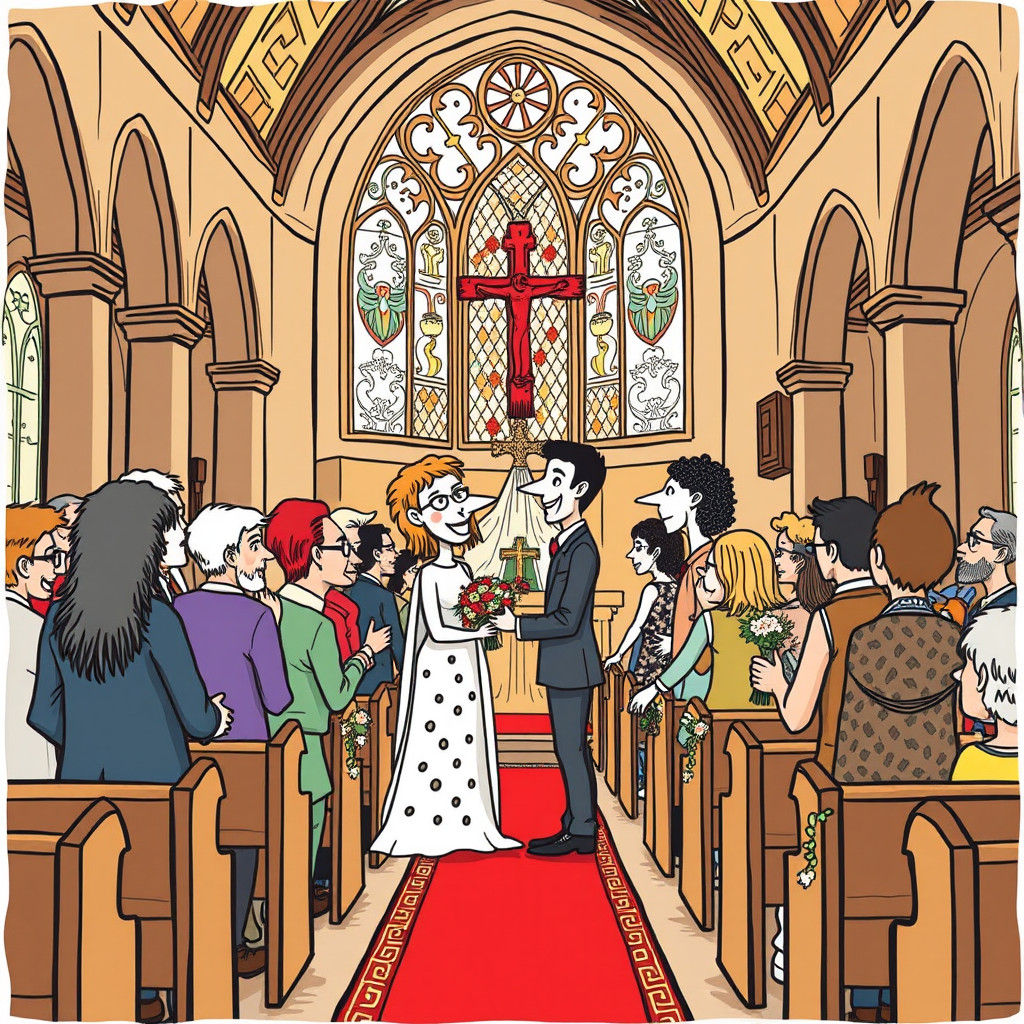 A doodle are with friends in a beautiful church where a man and a woman get married in style of 
David Sheigley 
Keith H...