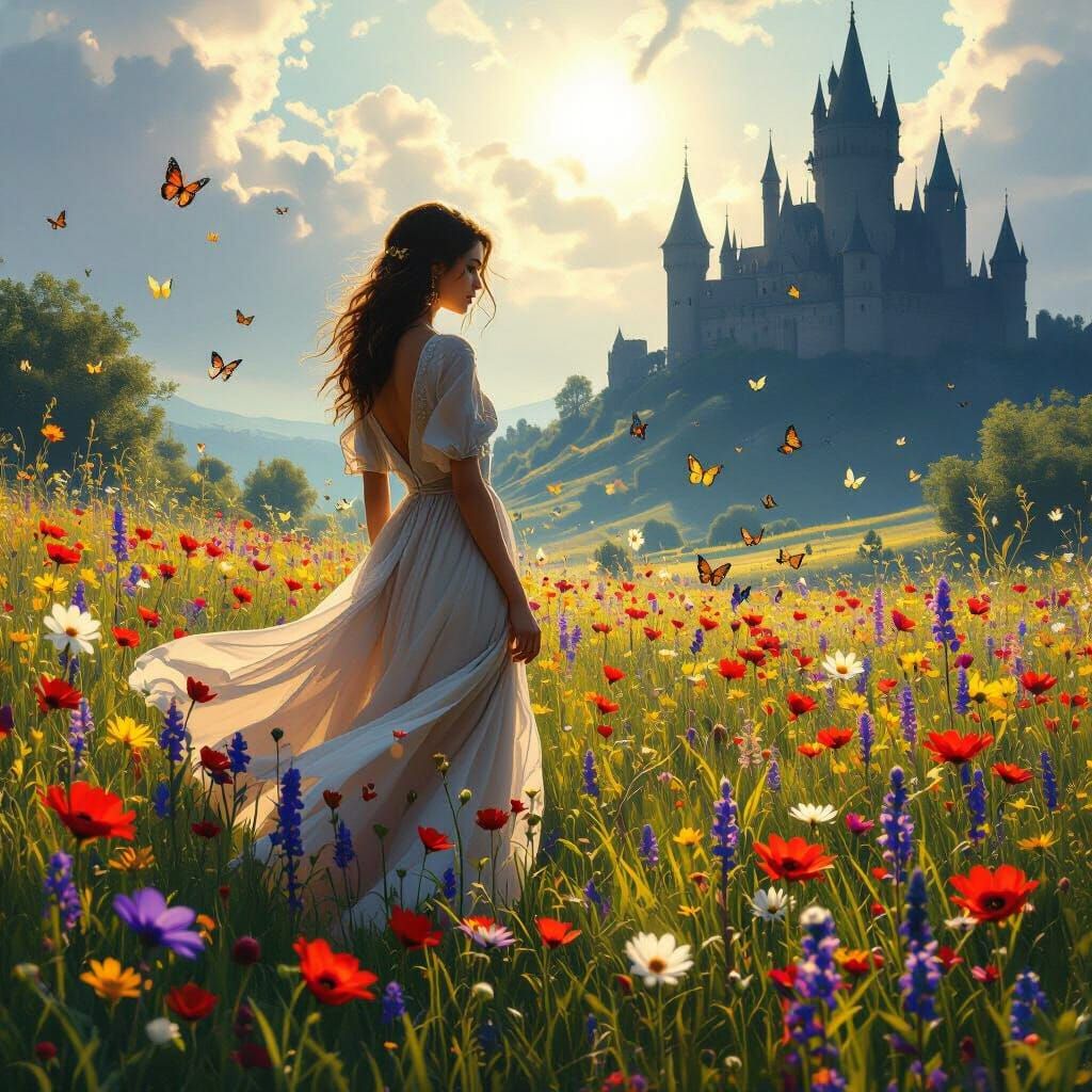 Woman in Serene Meadow with Dark Castle, Matte Painting