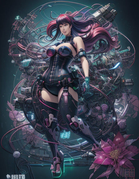 Cyberpunk manga illustration. Medium shot. Cheerful BBW woman in Santa Claus costume, bustier, suspender belt, women's s...