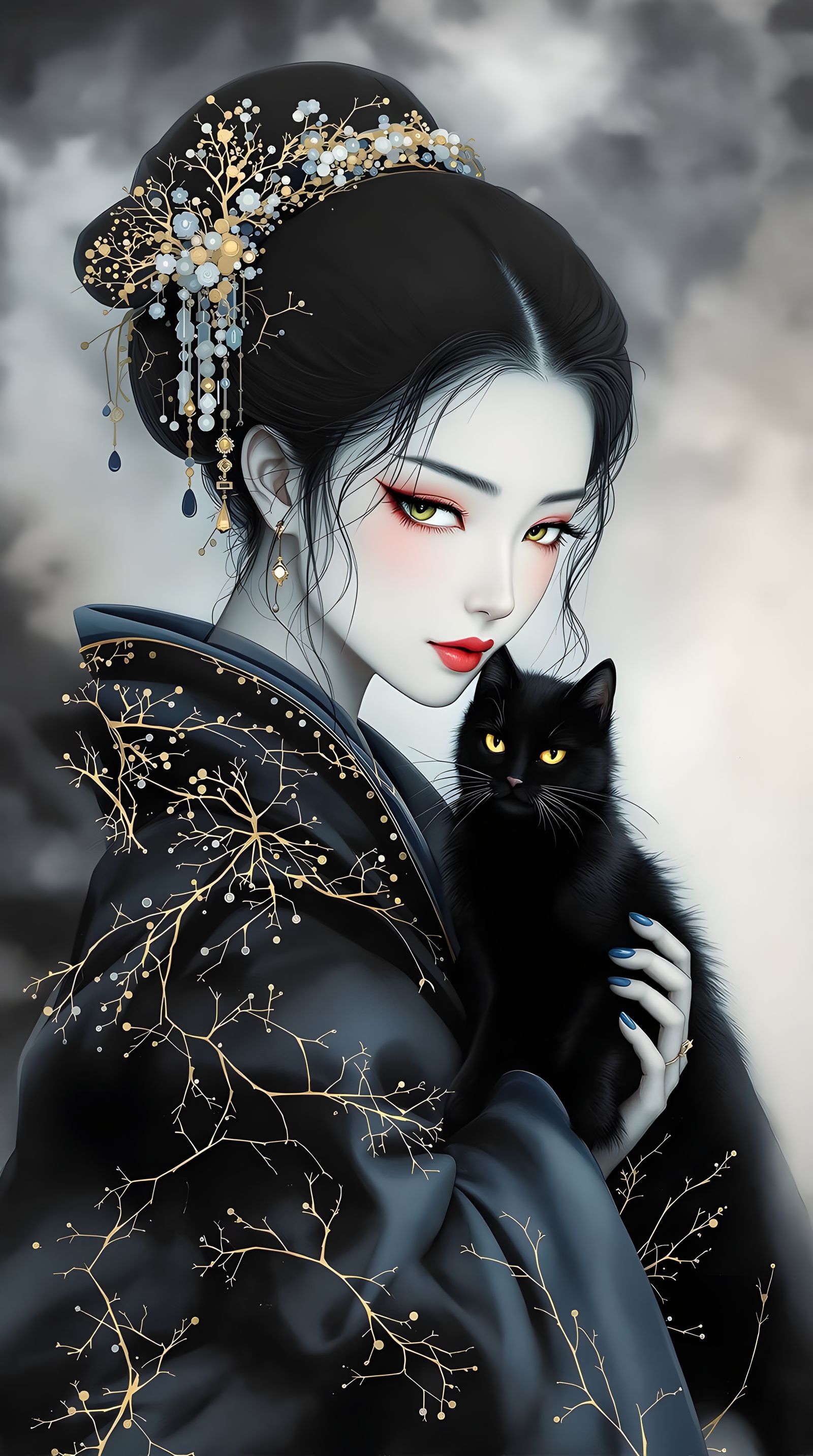 Japanese Woman in Minimalist Portrait with Gold Accents and....