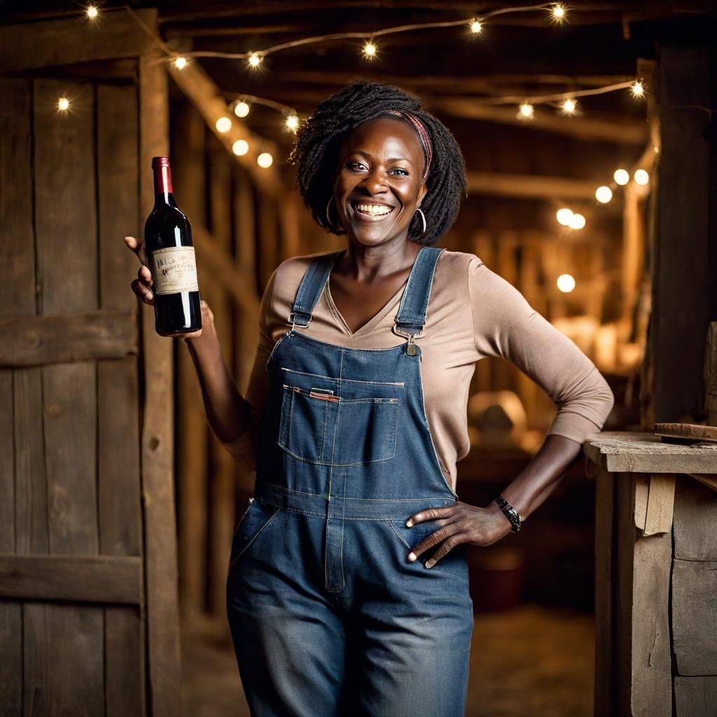 Happy Nigerian Woman in Barn Doorway, Professional Photo