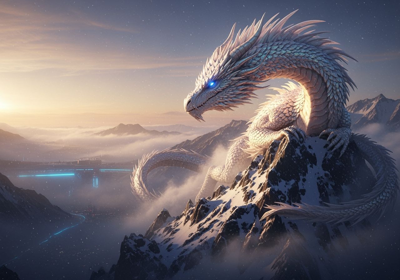 Majestic White Dragon on Snowy Peak in CGI Style
