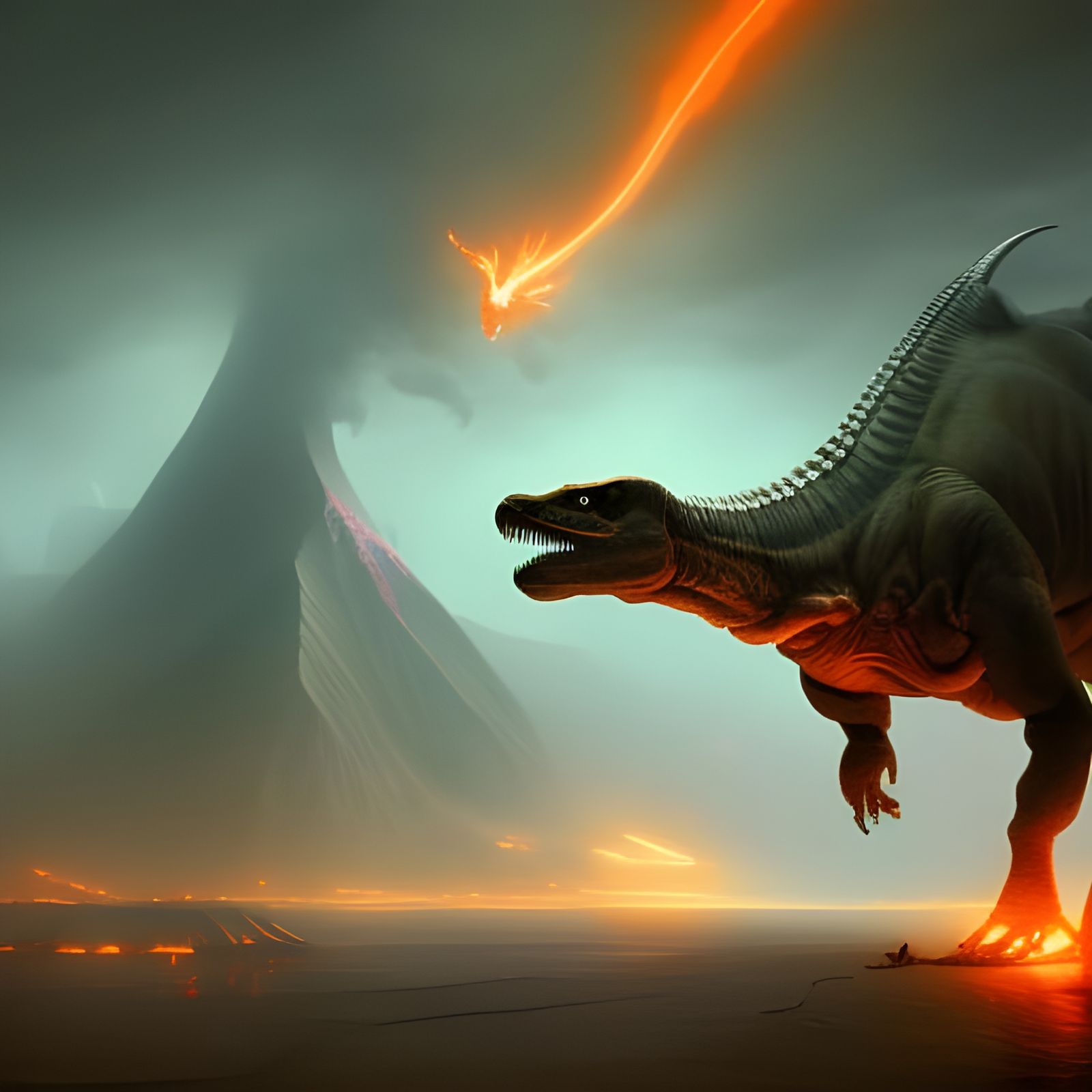 Fiery Dinosaur in Sci-Fi Dark Fantasy Landscape