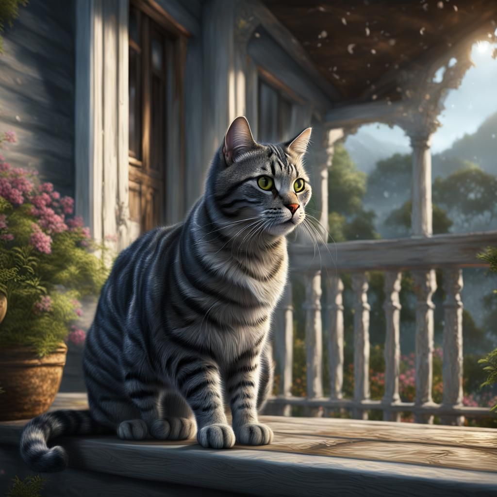 Grey Tabby Cat on Verandah: Detailed Matte Painting
