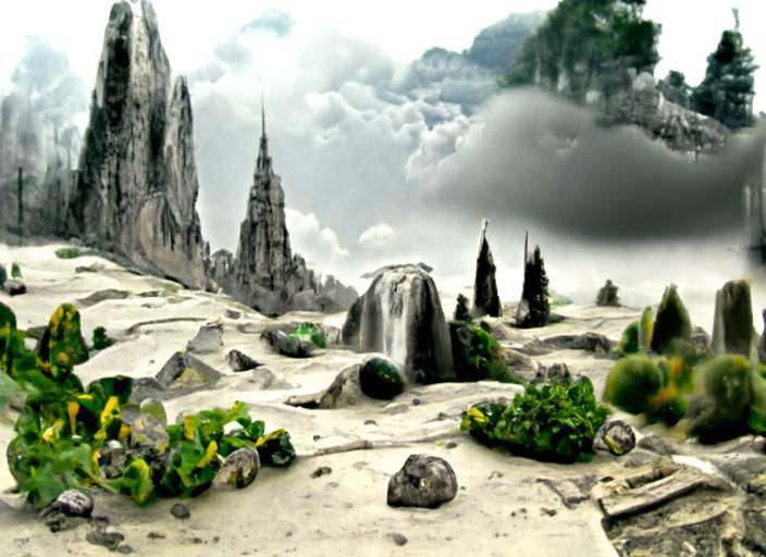 Steampunk Art Nouveau Landscape with Waterfall
