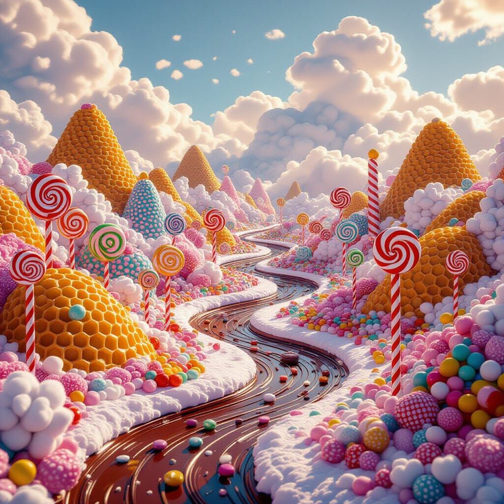 Whimsical Candy World with Chocolate Rivers and Gumdrop Moun...