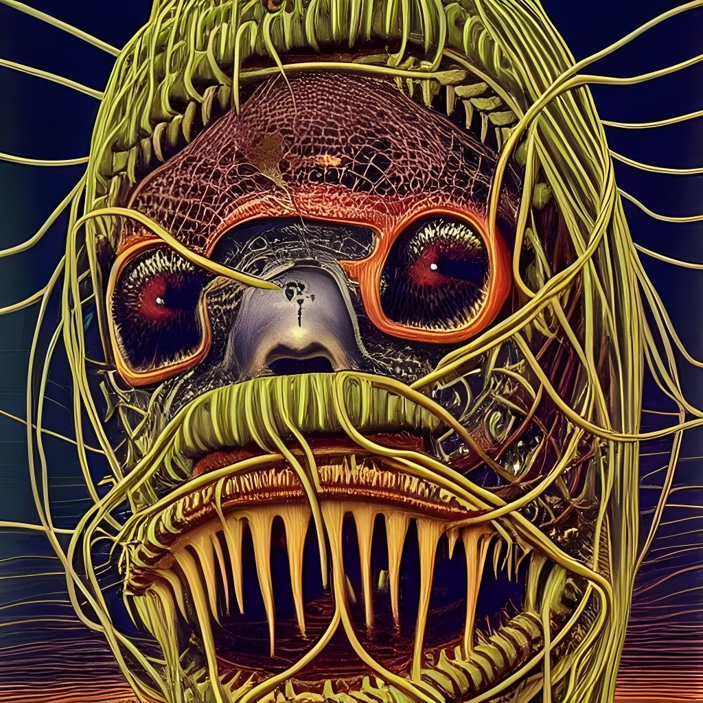 Spaghetti-Wrapped Piranha in Sci-Fi Horror Style