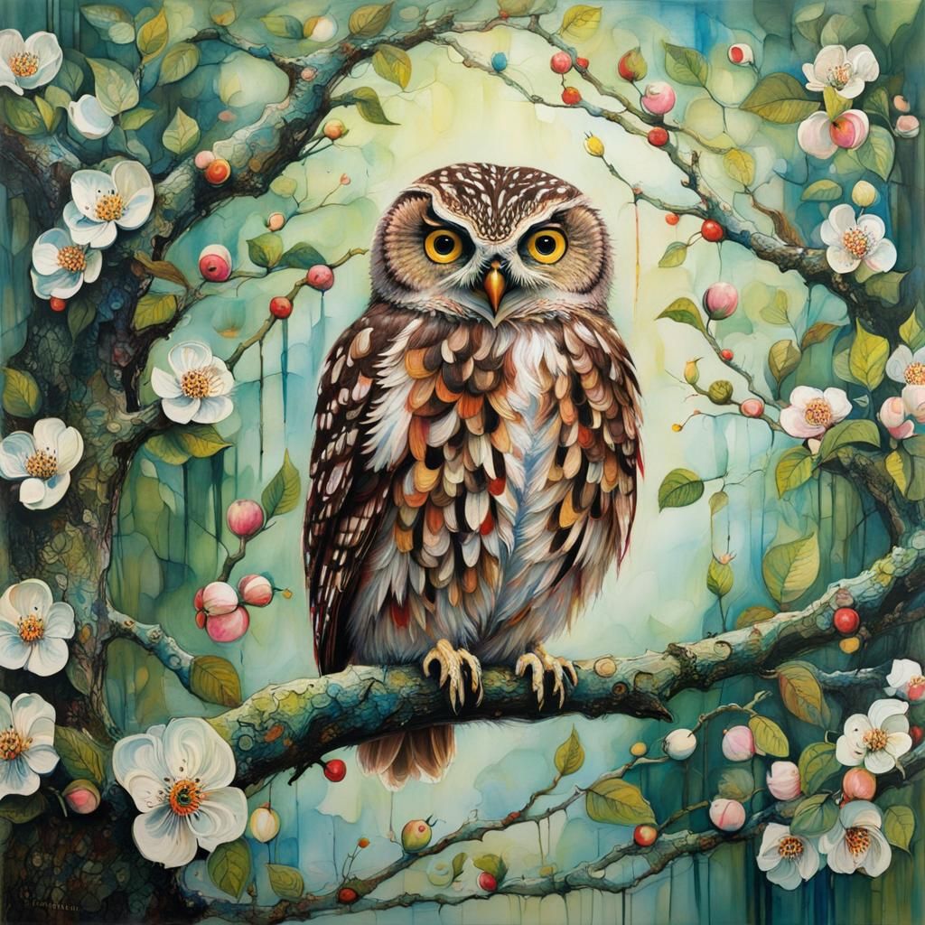 Owl in Blossoming Tree: Intricate Mixed Media Art