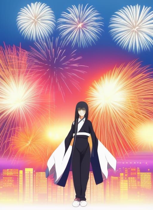 Female character portrait of kukaku shiba From Bleach anime, huge firework show in background, night time, dark sky in a...