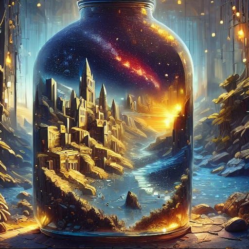 A  bright, dreamlike beach at sunrise and soft golden light with a magical bottle.