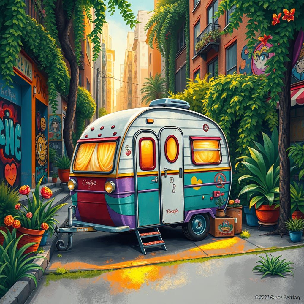 Surreal City Oasis in Vibrant Whimsical Style