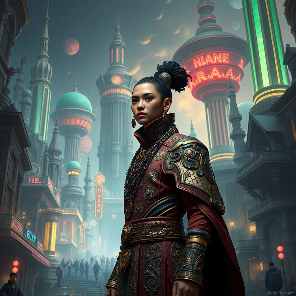 Dystopian Cityscape with Ornate Clothing, Cyberpunk Art