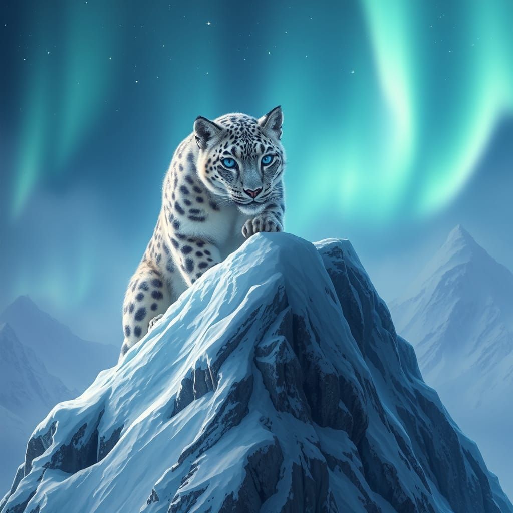 Majestic Snow Leopard Under Aurora Borealis Glow