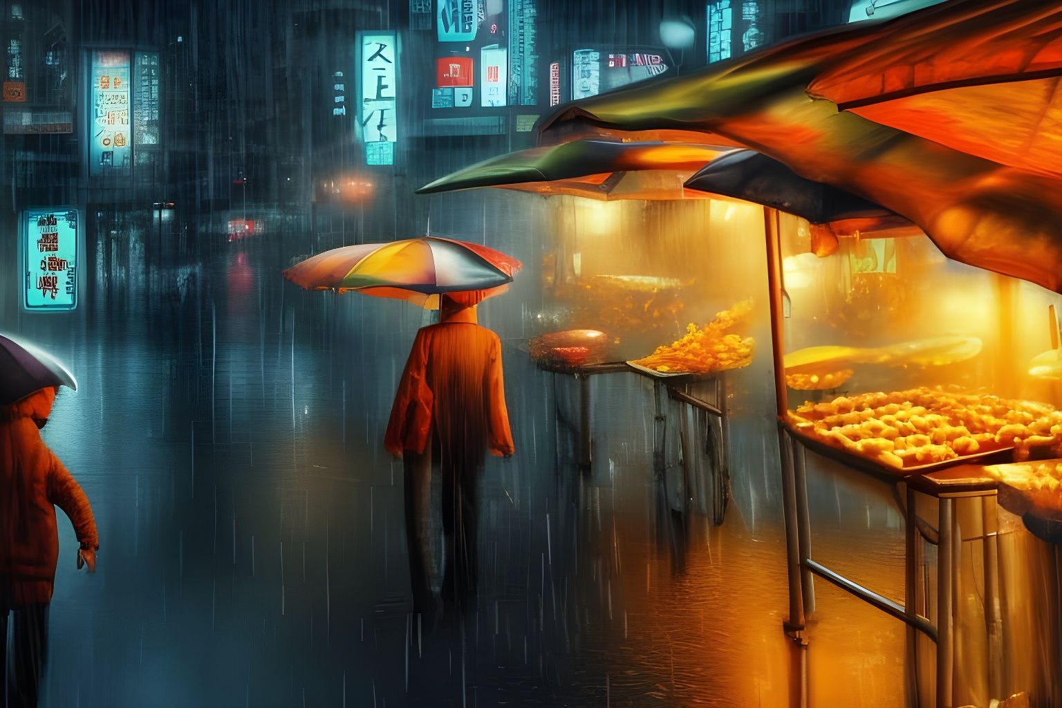 Street Food Vendor in Rainy 2030 Tokyo
