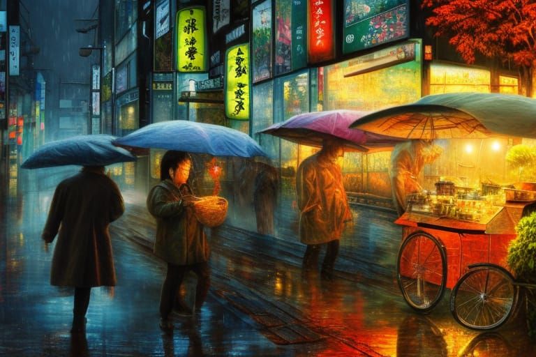 Street Food Vendor in Rainy 2030 Tokyo