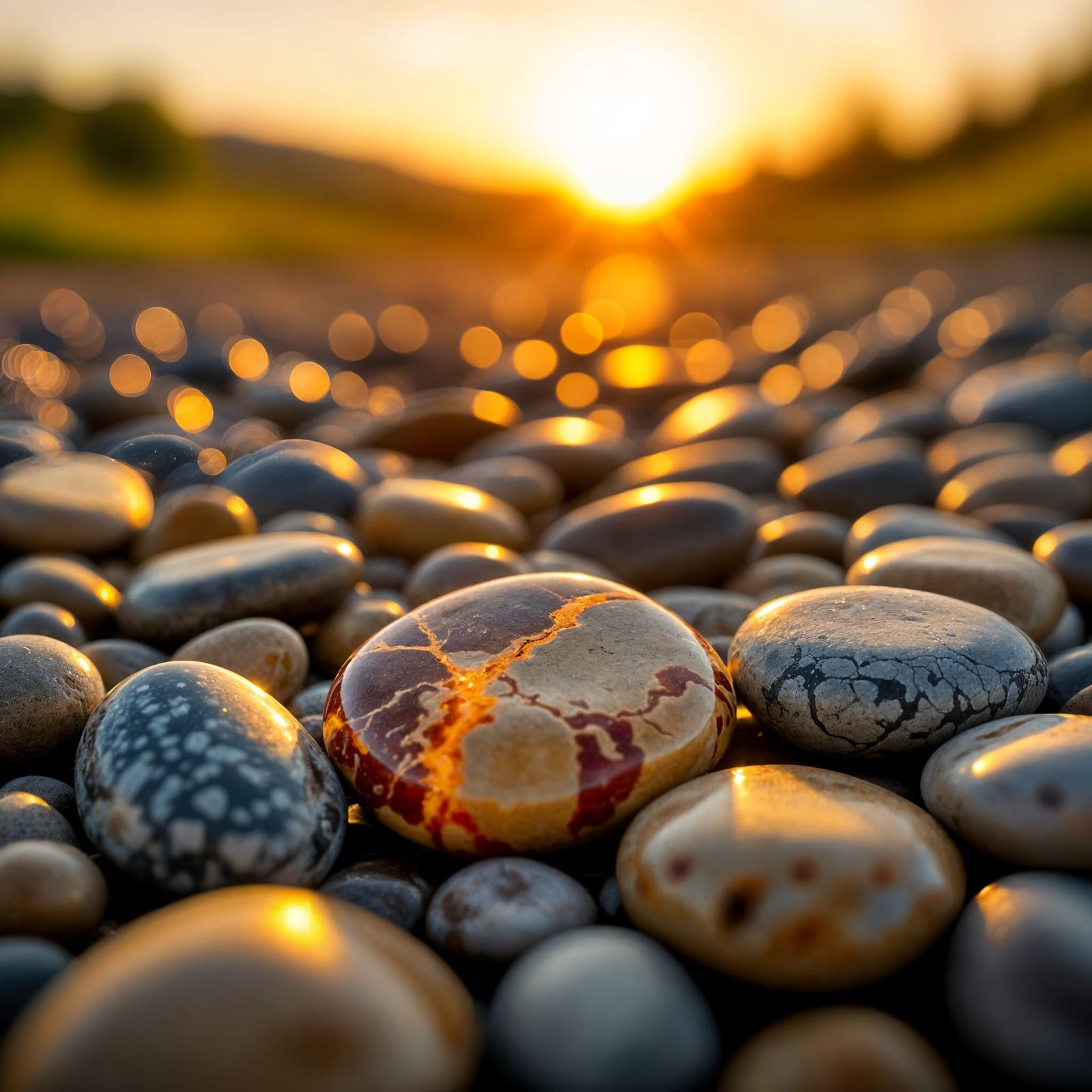 Close Up River Pebbles with Red and Yellow Veins at Sunset