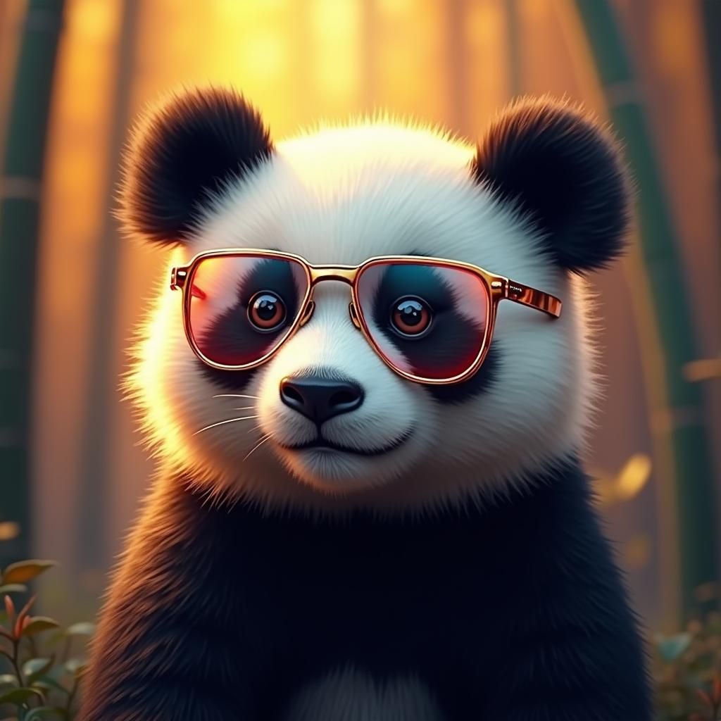 Panda in Metal Glasses in Lush Bamboo Forest