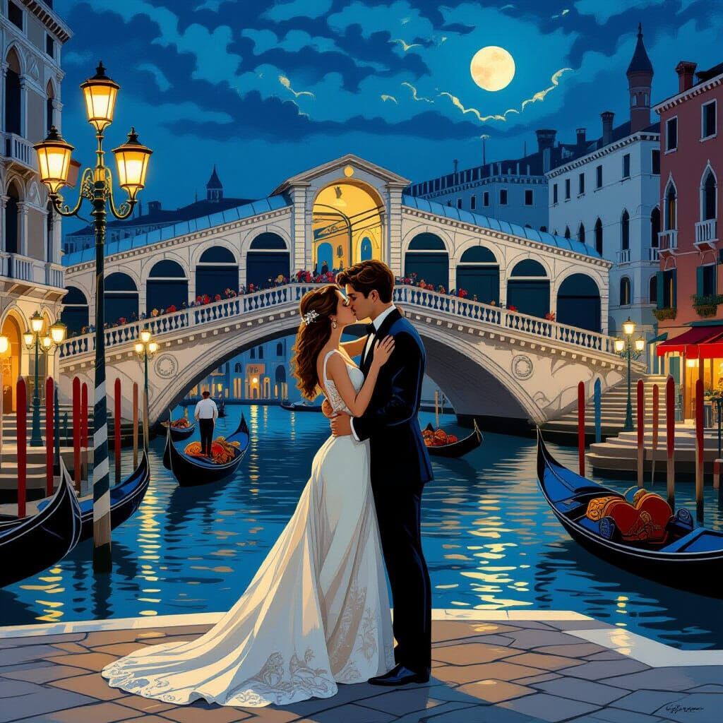 Romantic Kiss in Venice: An Art Nouveau Scene