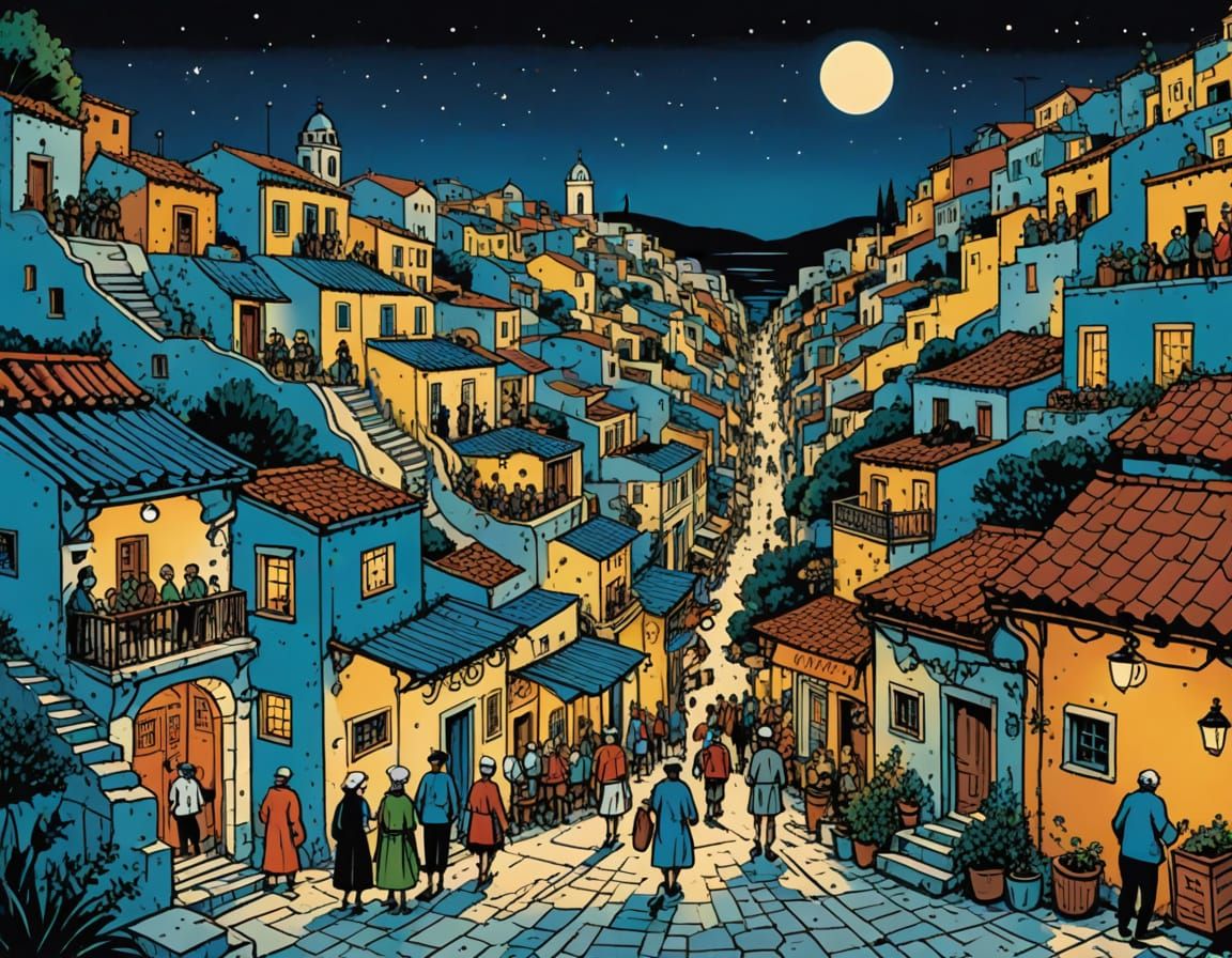 Greek Street Village in the Style of Tintin Comics