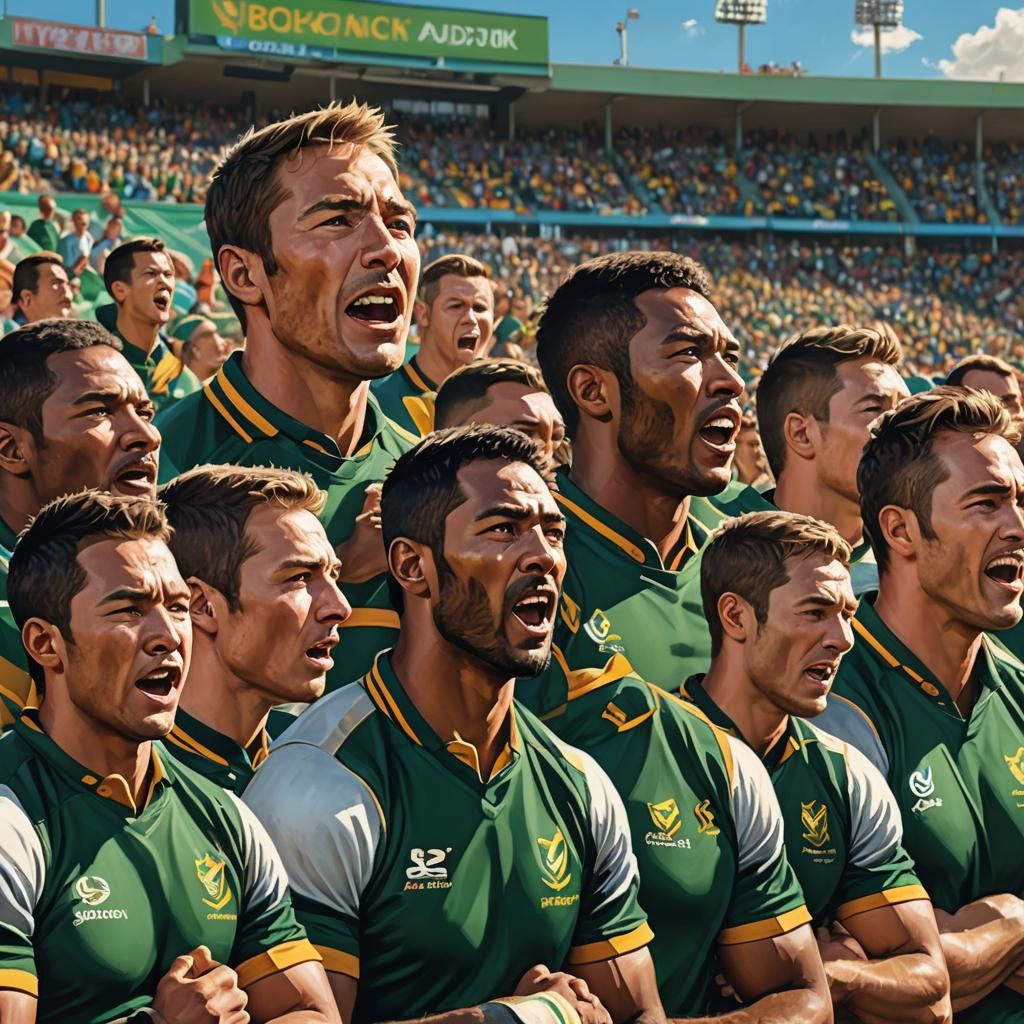 Springbok Rugby Team Sings Anthem in Hyperrealistic Art