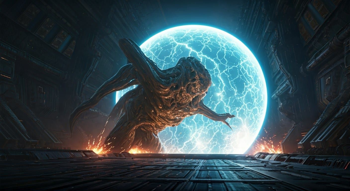 Grotesque Id Monster Battles Futuristic Force Field in Sci-F...