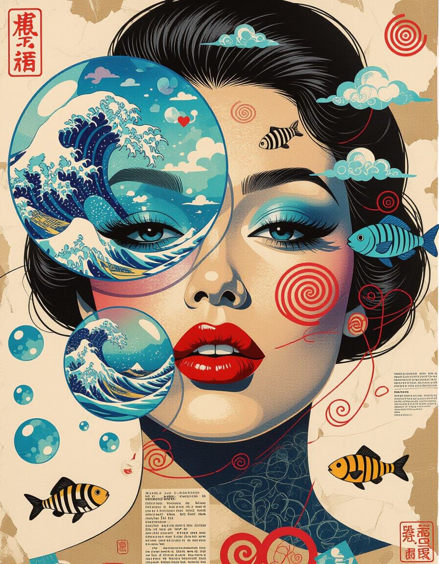 Surreal Lips Blowing Bubble Worlds: Mixed Media Collage